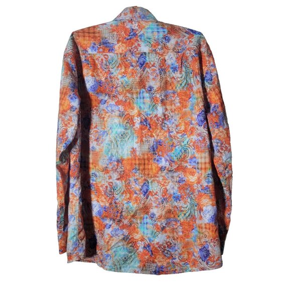 R. Lewis Orange Blue Contemporary Fit Size Large 100% Cotton Square Button Up - Picture 2 of 11